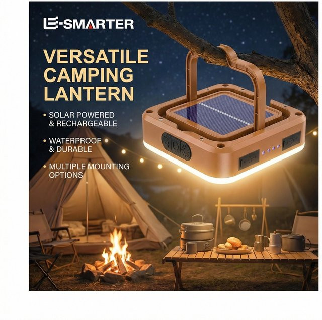 ESMARTER Solar Camping Solarlampe mit COB LED, tragbare wiederaufladbare Hängelampe mit Haken in Schwarz für Outdoor, Wandern und Angeln - Bild 1