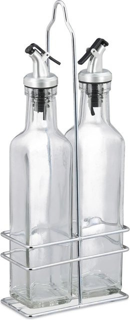 Relaxdays Essig und Ölspender Set aus Glas mit Metallgestell, Transparent und Silber, B/T/H: 27,5 x 11 x 6 cm - Bild 1