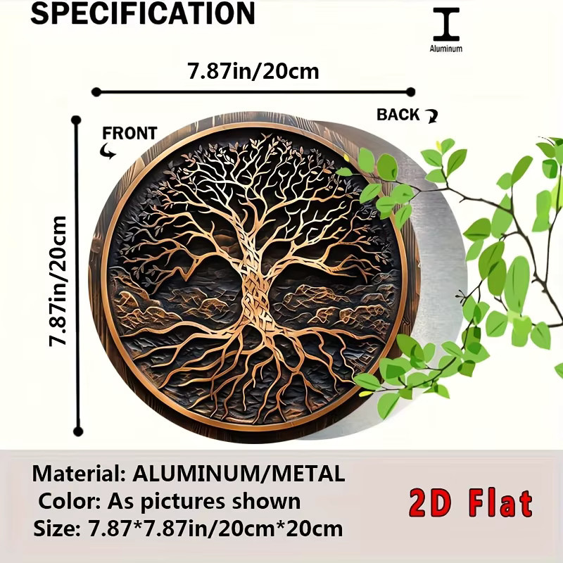 Potdemiel Vintage Baum des Lebens Wandkunst aus Aluminium-Metall, runde Outdoor-Hängedekoration mit floralem Design, Durchmesser: 20,32 cm - Bild 3