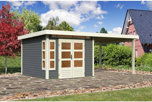 Karibu Holz-Gartenhaus Kastberg mit Flachdach in Terragrau, lackiert, B/T: 270 x 270 cm - Bild 1