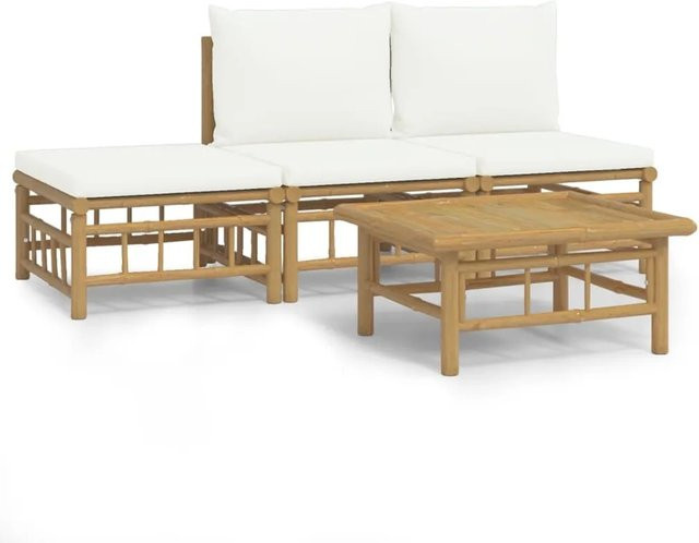 vidaXL 4-tlg Garten-Lounge-Set aus geöltem Bambus mit cremeweißen Kissen in Braun und Weiß - Bild 1