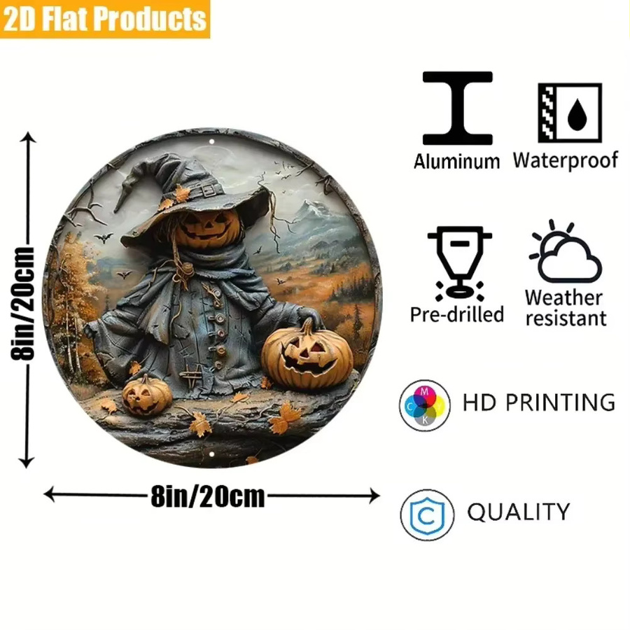 CIFBUY Vintage Halloween Wandskulptur aus Metall mit Kürbis und Vogelscheuche, runde Aluminium-Plakette, Mehrfarbig, Durchmesser: 20,32 cm - Bild 2