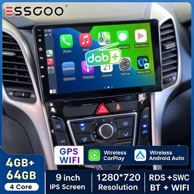 Essgoo 9-Zoll-Autoradio für Hyundai 130 (2012-2016) mit Android 15, kabellosem Carplay, 4GB RAM + 64GB Speicher, GPS-Navigation, Bluetooth, WLAN und RDS in Schwarz - Bild 1