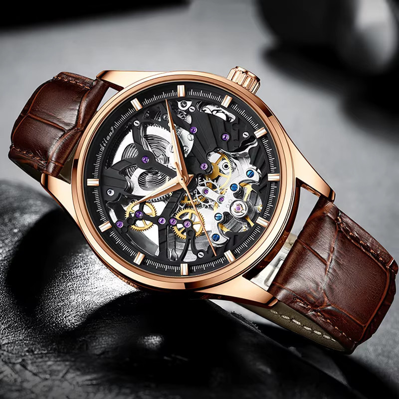 Ailang Armbanduhr Automatik, Edelstahl, Roségold, Leder, Herren - Bild 2