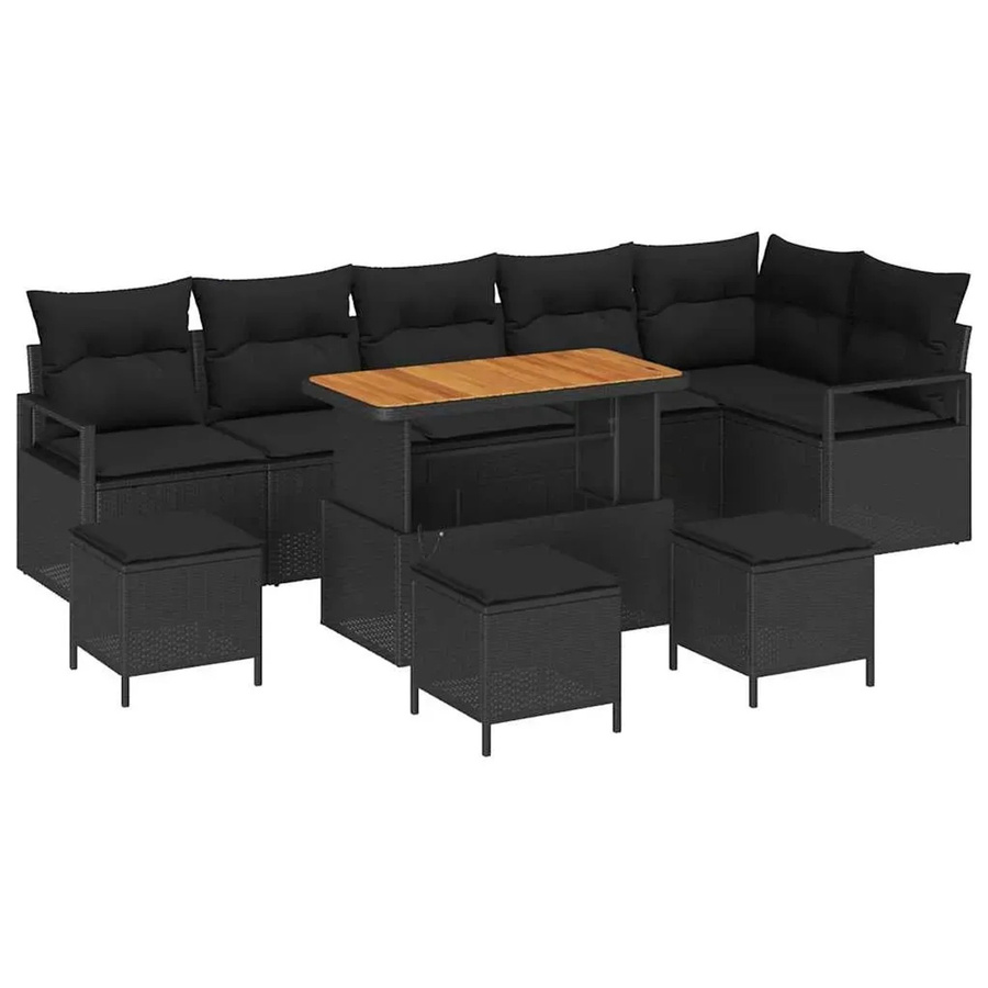 vidaXL Garten-Sofa-Set aus Poly-Rattan und Akazienholz in Schwarz mit 10 Teilen und Kissen - Bild 2