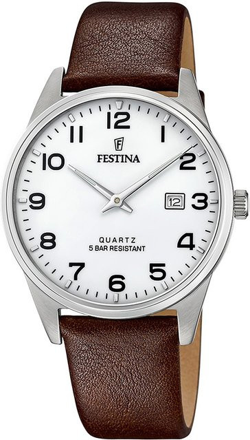 Festina Herrenuhr, Quarz, Edelstahl, 39 mm, Leder, Silber, Weiß - Bild 1