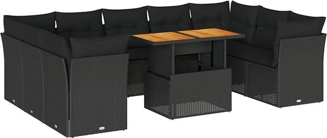 vidaXL 10-teilige Garten-Sofagarnitur in L-Form aus Poly-Rattan und Akazienholz mit Kissen in Schwarz - Bild 1