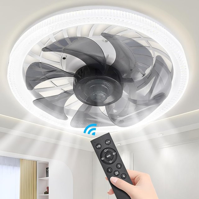 LCMKR Moderner Deckenventilator mit Licht und Steckdose in Weiß, dimmbar mit Fernbedienung, niedriges Profil - Bild 1
