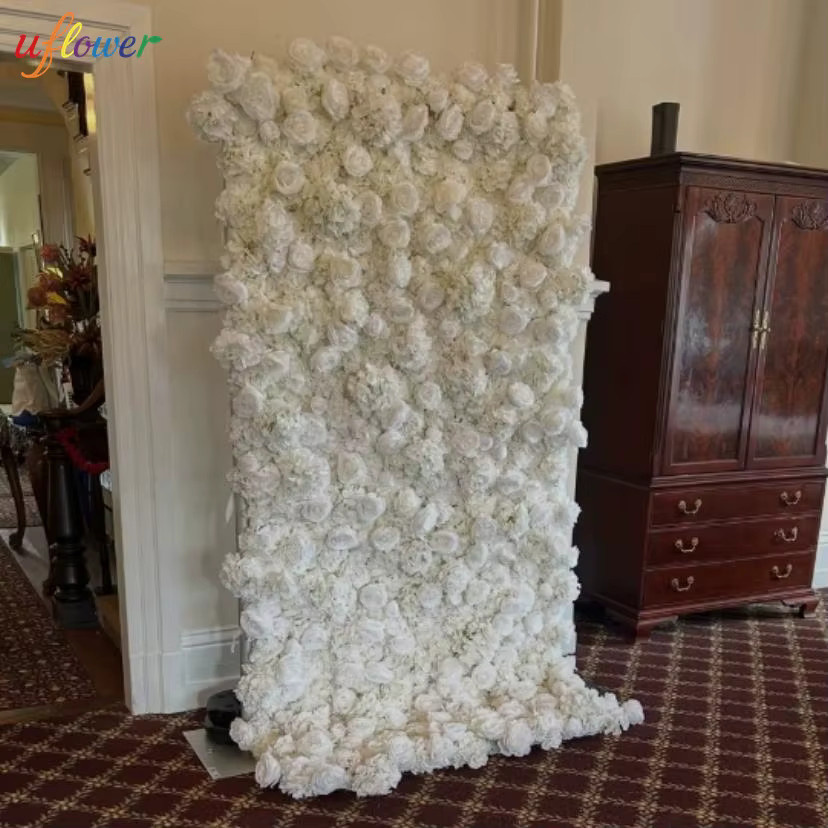Uflower 5D Roll-Up Künstliche Blumenwand mit weißen Rosen und Hortensien für Hochzeiten und Partys - Bild 2