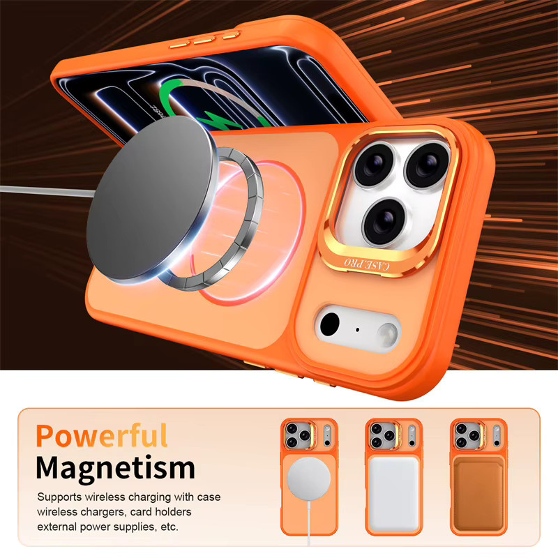 Magnetische MagSafe Kamera Ring Halterung und Ständer mit drehbarem Ring für Apple iPhone 17 Air 16 15 14 13 12 Pro Max, Stoßfeste Rückseite in Schwarz und Orange - Bild 4