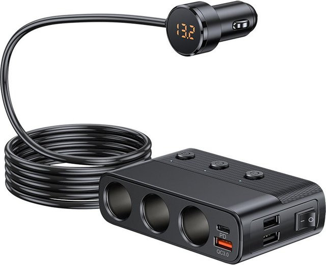Autoladegerät 128W PD und QC3.0 Schnellladeadapter mit 4 USB-Anschlüssen und 3 Buchsen für 12-24V in Schwarz - Bild 1