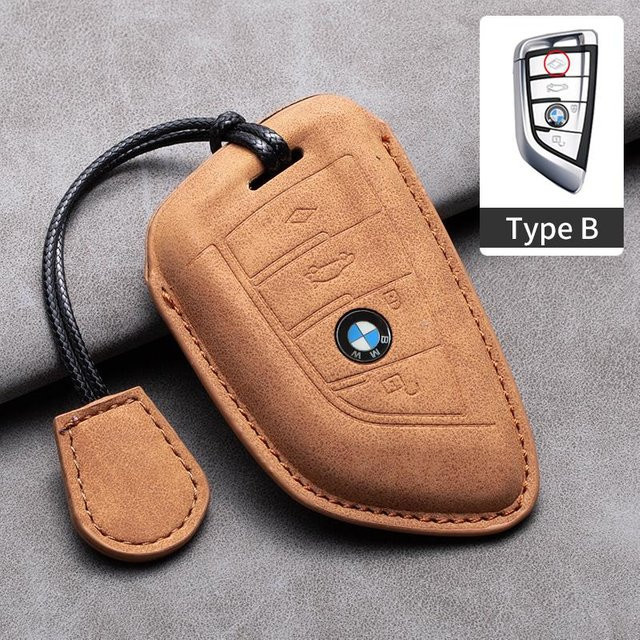 Wildleder Leder Schlüsselanhänger Hülle für BMW Schlüssel Fob in Braun - Bild 1