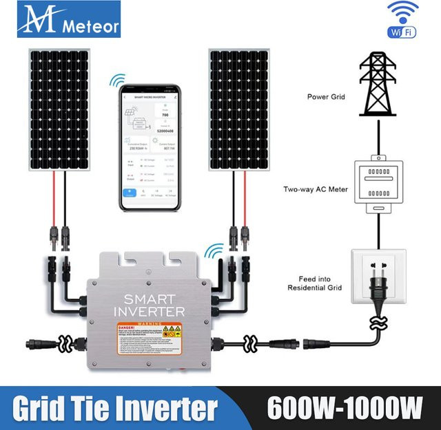 Netzgekoppelter Mikro-Solarwechselrichter mit MPPT und WiFi, 1KW (800W/600W), IP65 Schutzklasse, 20-60VDC Eingang, 120V/230V Ausgang, Farbe: Silber - Bild 1