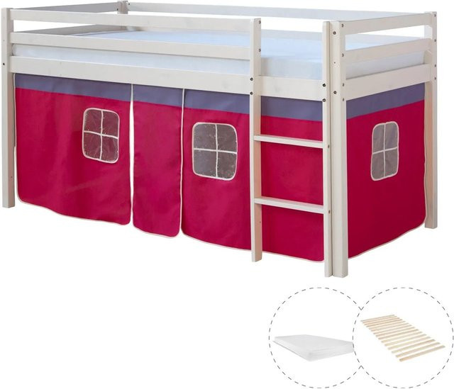 Homestyle4u Hochbett für Kinder aus Kiefernholz mit Vorhang, Lattenrost und Matratze, Farbe: Weiß, B/T/H: 90 x 200 x 165 cm - Bild 1