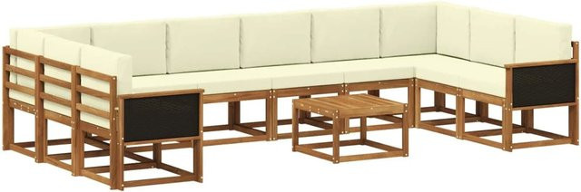 vidaXL Outdoor-Sofagarnitur aus Massivholz Akazie in L-Form mit 11 Teilen, Farbe Natur und Beige - Bild 1