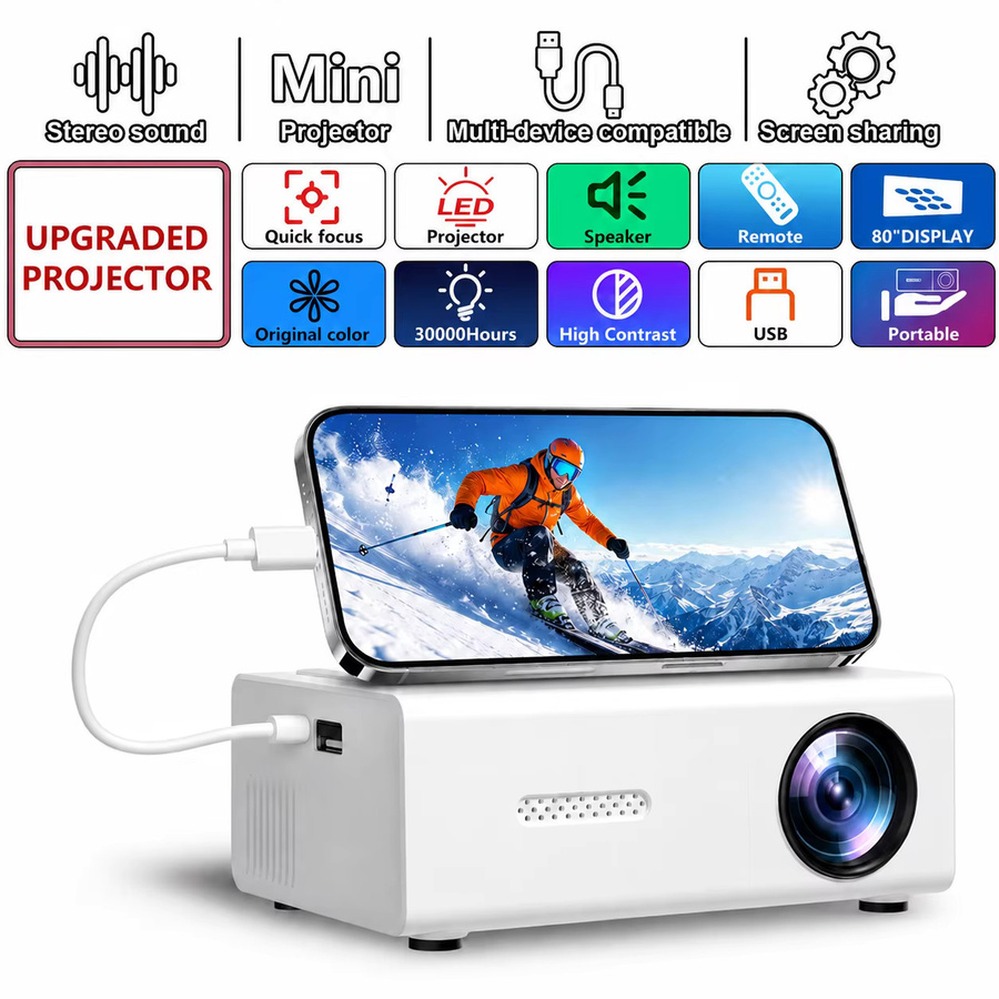 ZNLYRION Tragbarer LED-Projektor in Weiß mit 80-Zoll-Display und 1080P-Unterstützung für Heimkino mit Telefon, TV-Stick oder Laptop - Bild 4