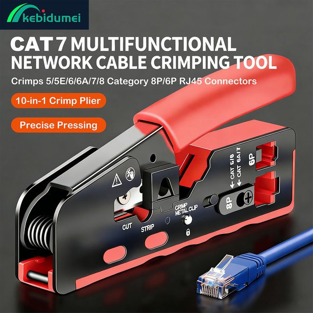 Kebidumei Crimpzange für CAT7 und CAT6 Netzwerkkabel, vertikales Crimpwerkzeug mit Abisolier- und Schneidefunktion für RJ45 8P6P Stecker, Farbe: Rot - Bild 1