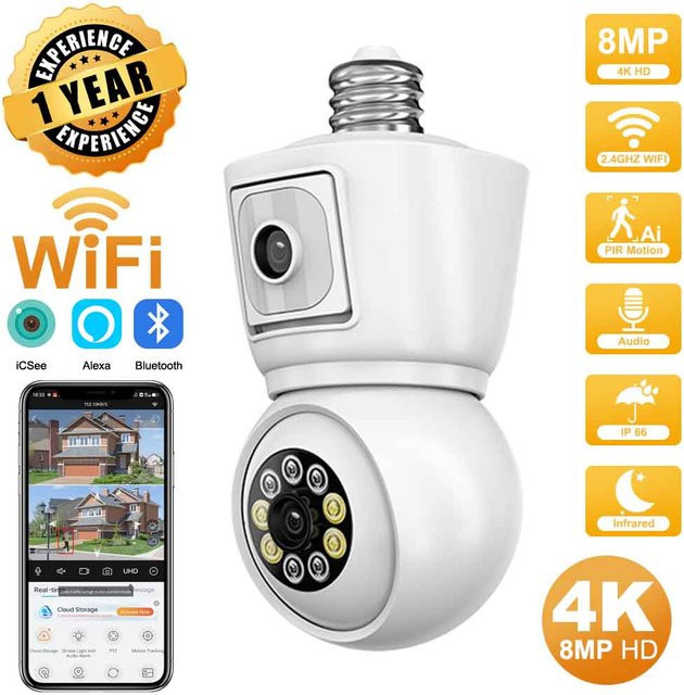 ICSEE 4K 8MP E27 WiFi Glühbirnen Kamera mit Doppelobjektiv, Doppelbildschirm, automatischem Tracking, Zweiwege-Audio und Farbnachtsicht in Weiß - Bild 1