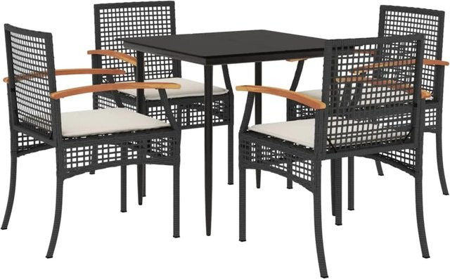 vidaXL 5-teilige Garten-Essgruppe aus Poly Rattan und Akazienholz in Schwarz mit cremeweißen Kissen und Glastisch - Bild 1