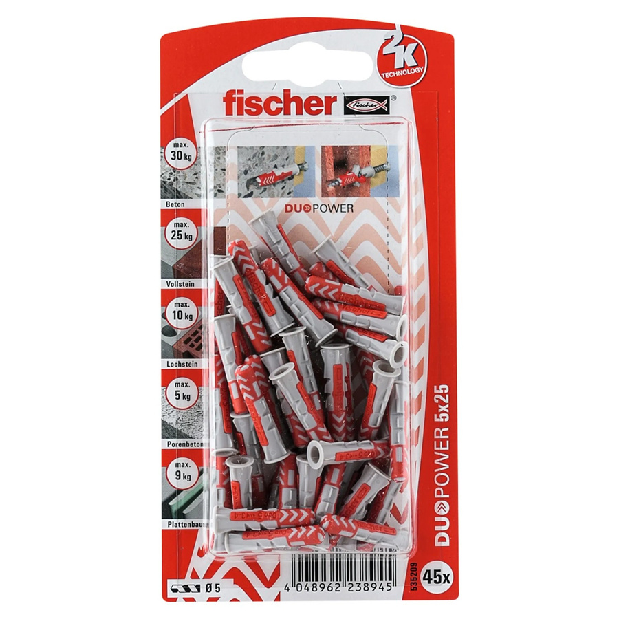 Fischer DuoPower Dübel aus Nylon in Grau und Rot, Durchmesser: 5 mm, Länge: 25 mm, 45 Stück - Bild 2