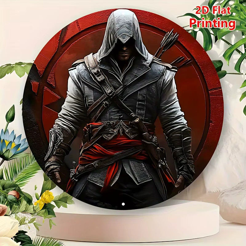 Rundes Aluminiumschild Vintage Assassin von Potdemiel in Rot und Schwarz, Durchmesser: 20,32 cm, Metallwanddekoration mit Charakterkunst - Bild 3