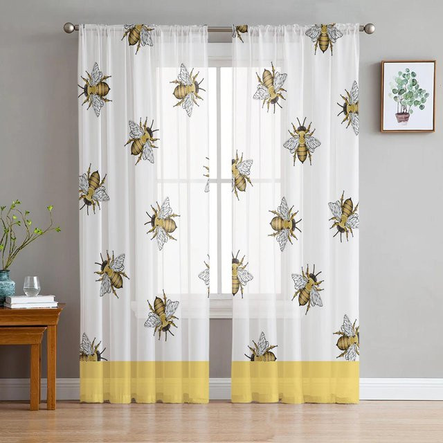 Yiran Furniture Transparenter Vorhang mit Karomuster und Bienen-Motiv aus Organza, Weiß, B: 135 cm, H: 115 cm - Bild 1