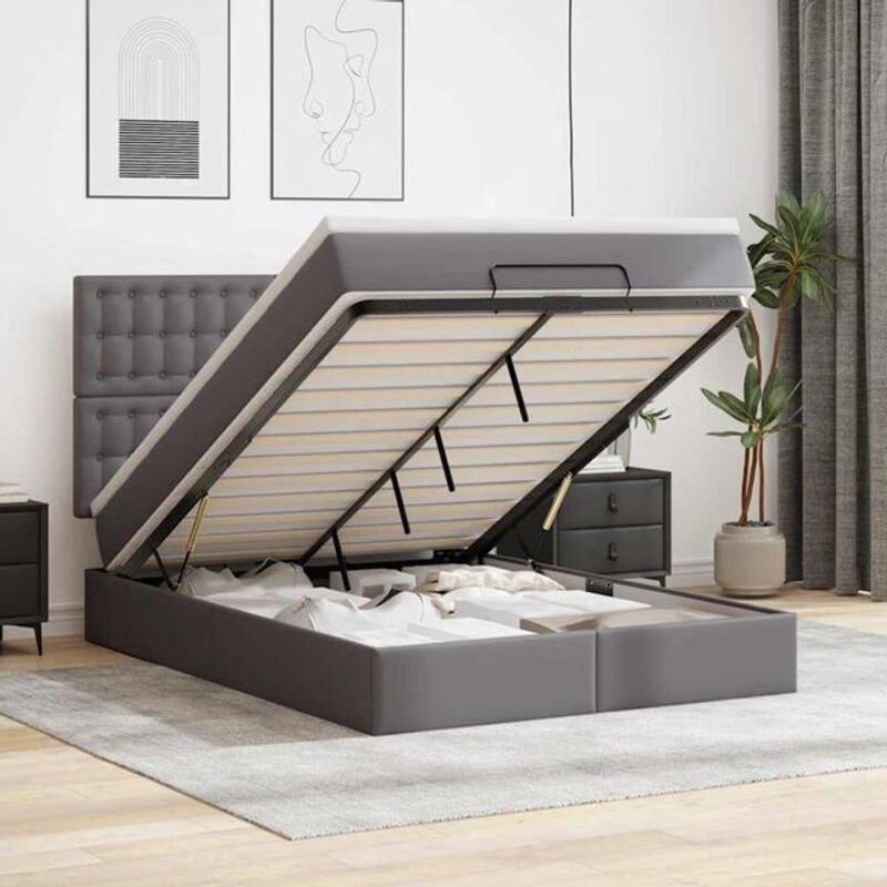 Vidaxl Ottoman Polsterbett mit Matratze und LED in Grau aus Kunstleder B/T/H: 140 x 200 x 128 cm - Bild 1