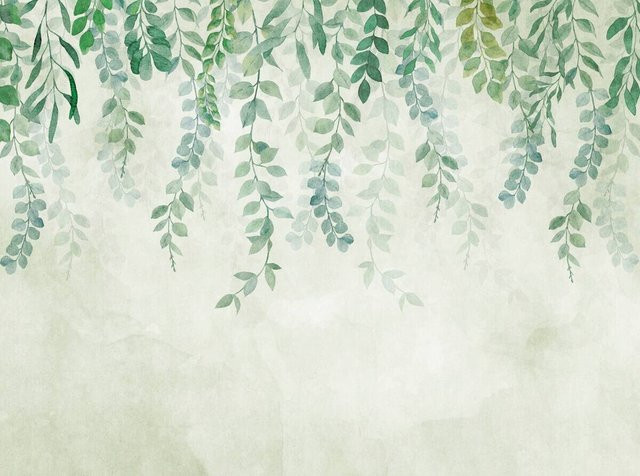 Livingwalls Fototapete Blätter im Aquarellstil in Creme, Blau und Grün, B/H: 280 x 371 cm - Bild 1