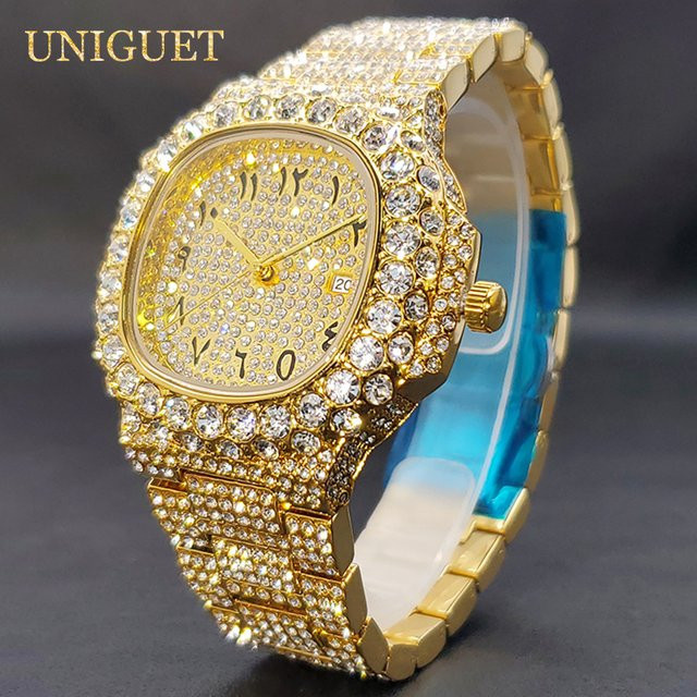 UNIGUET Digitaluhr, Quarz, Gold, Eckig, Diamantbesetzt, Herren - Bild 1