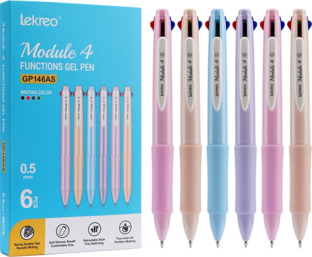 Lekreo GP146AS 4-in-1 Gelstifte Set, 6 Stück mehrfarbig, 0,5 mm feine Spitze für Journaling und Schule - Bild 1