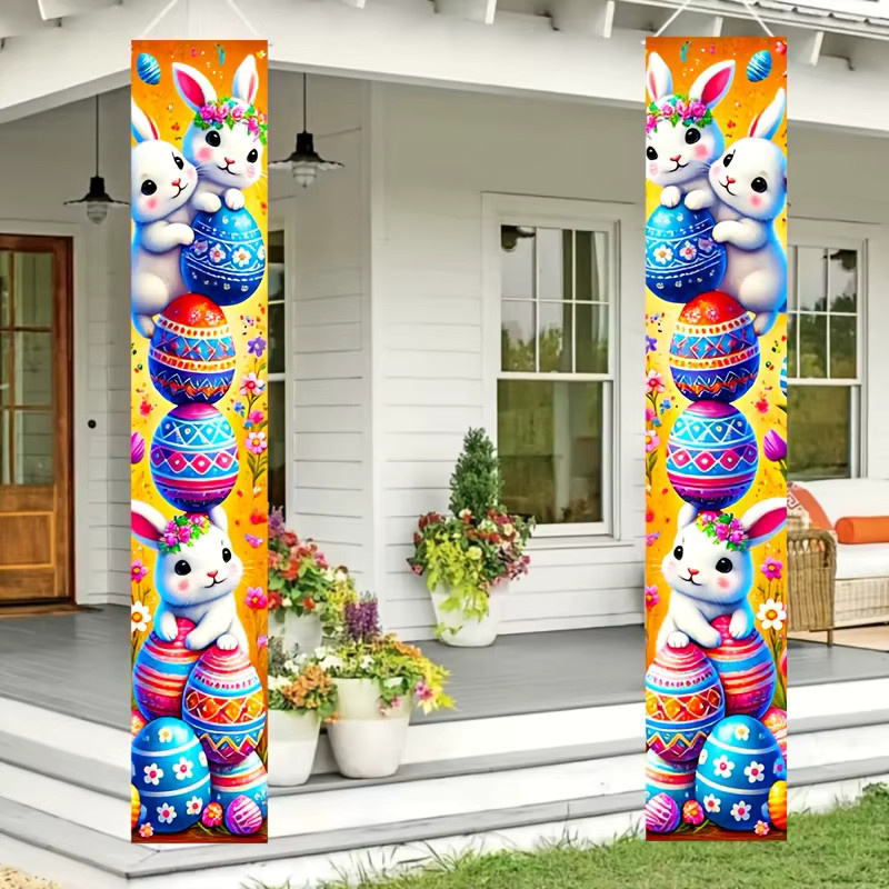 VIKAMA Ostern Tür Banner mit Osterei und Kaninchen, dekorative Outdoor Flagge für Veranda und Garten, Mehrfarbig, B: 30 cm, H: 180 cm - Bild 2