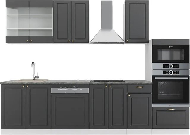 Vicco Fame-Line Küchenzeile in Anthrazit, Gold und Weiß mit Hochschrank, Breite: 300 cm - Bild 1