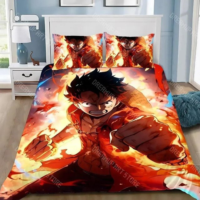 One Piece Bettwäsche-Set mit Luffy Cartoon-Druck von Binchi Fitness, bestehend aus Bettbezug und Kissenbezug, Mehrfarbig, B/H: 155 x 220 cm - Bild 1