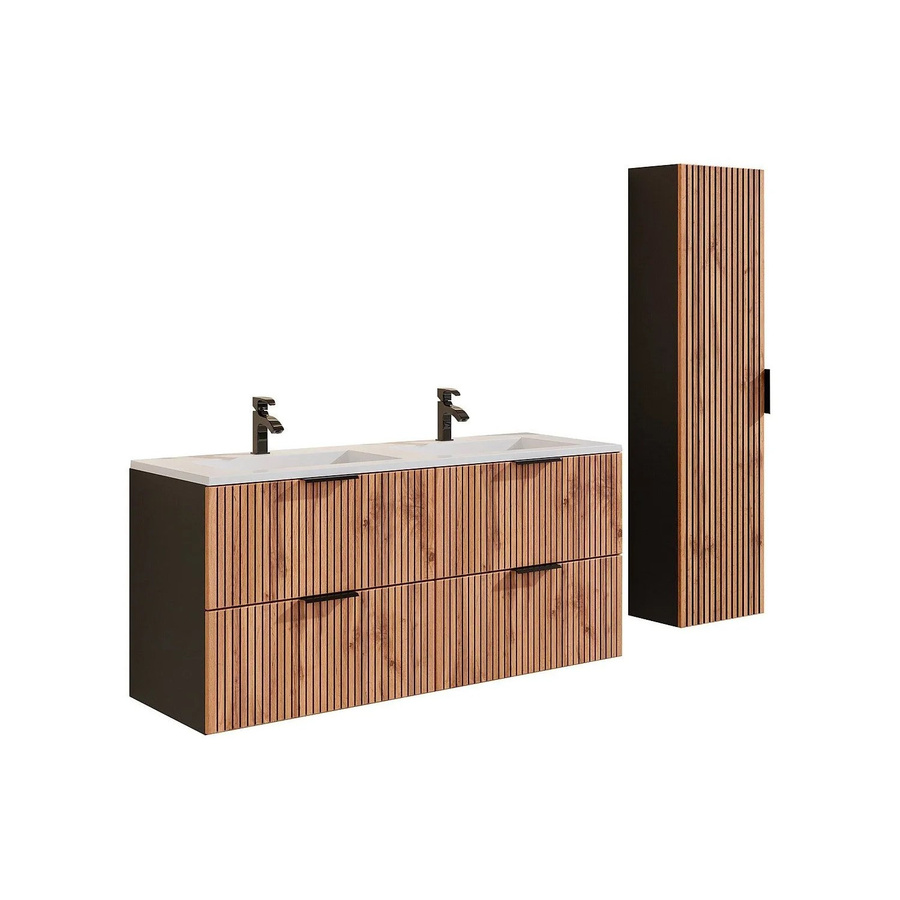 Vente-unique Badmöbel-Set Madela in Schwarz und Naturfarben mit Waschbeckenunterschrank, Einbauwaschbecken und Badhochschrank, Breite: 120 cm - Bild 2
