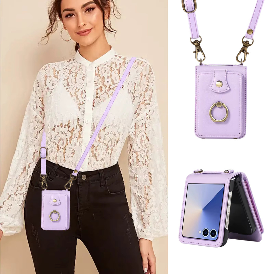 Leder Handyhülle mit Ringkartenhalter und Crossbody-Funktion für Samsung Galaxy Z Flip 7 6 5 4 3 und FE in Rot oder Lila - Bild 2