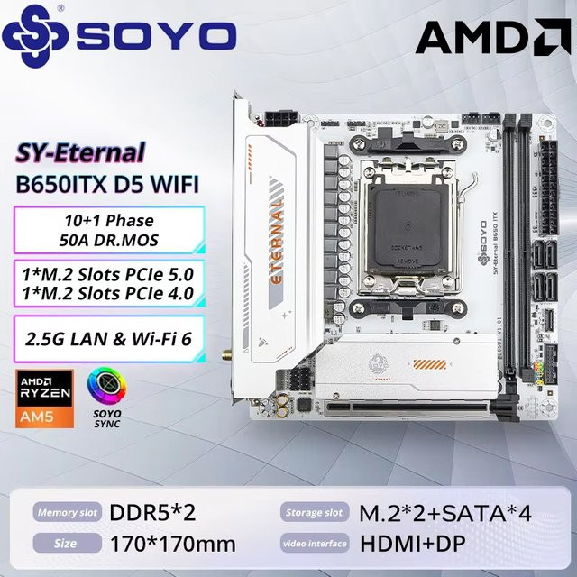 SOYO B650M Mini-ITX Motherboard für AMD Ryzen AM5 Prozessoren, unterstützt DDR5, PCIe 5.0 x16, PCIe 4.0 x4 M.2, mit WIFI6 und ARGB - Bild 1