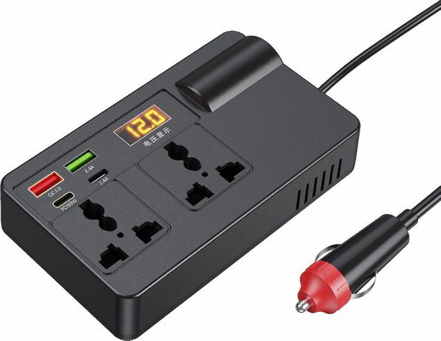 Kebidumei Auto-Wechselrichter 200W DC 12V/24V zu AC 220V Konverter in Schwarz mit 7 Anschlüssen inklusive QC3.0 und USB-C Ladegeräten sowie AC-Steckdose - Bild 1