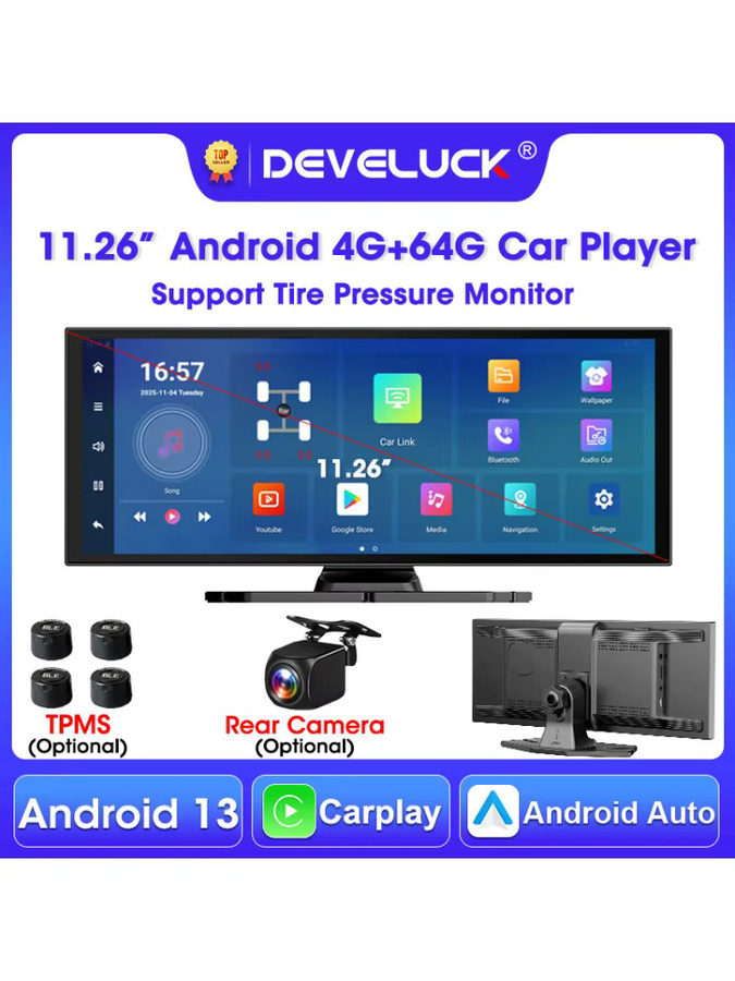 Develuck Android 13 Auto Multimedia Player mit 11,26 Zoll Display, 4G, 64G, Carplay, Android Auto, 5G WIFI, Airplay, Youtube und Netflix, Schwarz - Bild 4