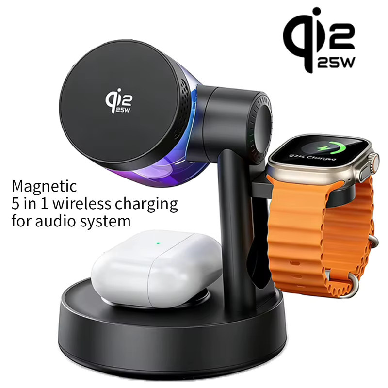 VIKEFON Qi2 25W Magnetisches kabelloses Schnellladegerät mit Bluetooth-Lautsprecher in Weiß für iPhone, Apple und Samsung Galaxy Watch sowie AirPods - Bild 2