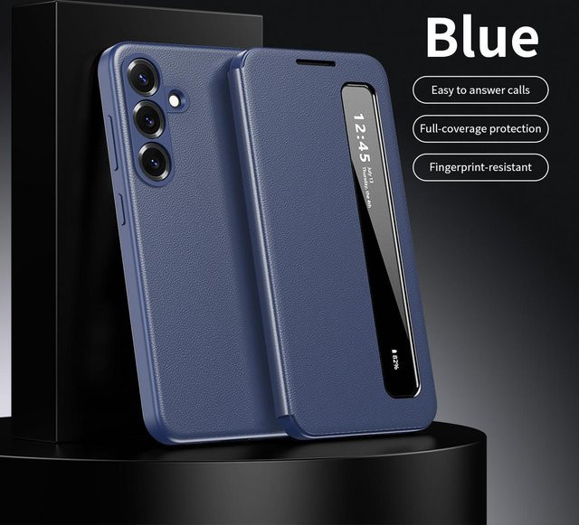 Smart Flip-Hülle aus PU-Leder für Samsung Galaxy A56 A36 A16 mit Fensteransicht und Anrufannahme in Blau - Bild 1