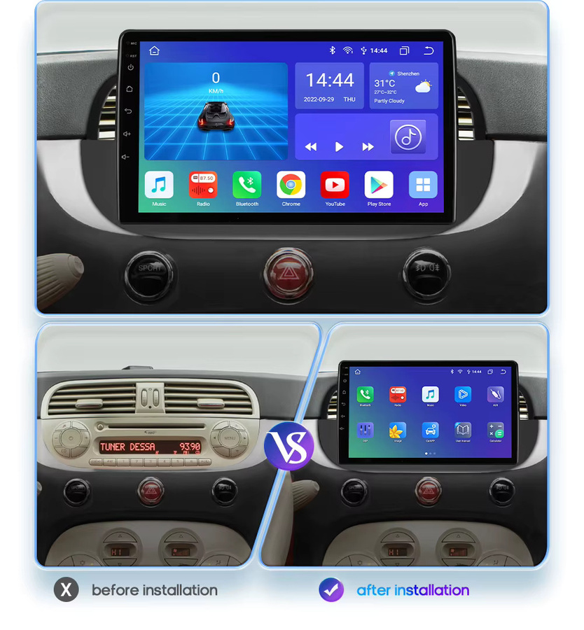 Hizpo 9-Zoll Android Autoradio für Fiat 500 (2007-2014) mit Navigation, GPS, Carplay, 4G, DSP, RDS, Bluetooth und 8G/128G Speicher - Bild 2
