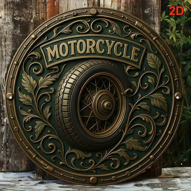 Potdemiel Vintage-Motorrad-Dekorationsschild aus Metall in Gold, rund, Durchmesser: 20,3 cm - Bild 1