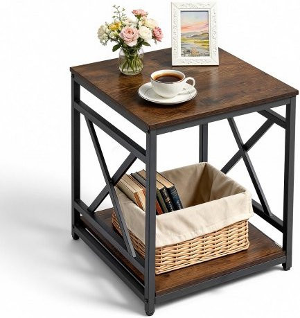 VEVOR Beistelltisch Modern 2-stufig mit offenen Ablagefächern, quadratischer Nachttisch mit X-Design Metallrahmen und Holzoberfläche, Farbe: Braun - Bild 1