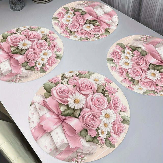 VIKAMA 4-teiliges Blumen-Set mit Essensmatten in Weiß und Rosa mit Gänseblümchen, Rosen und Nelken für Hochzeit und Party - Bild 1