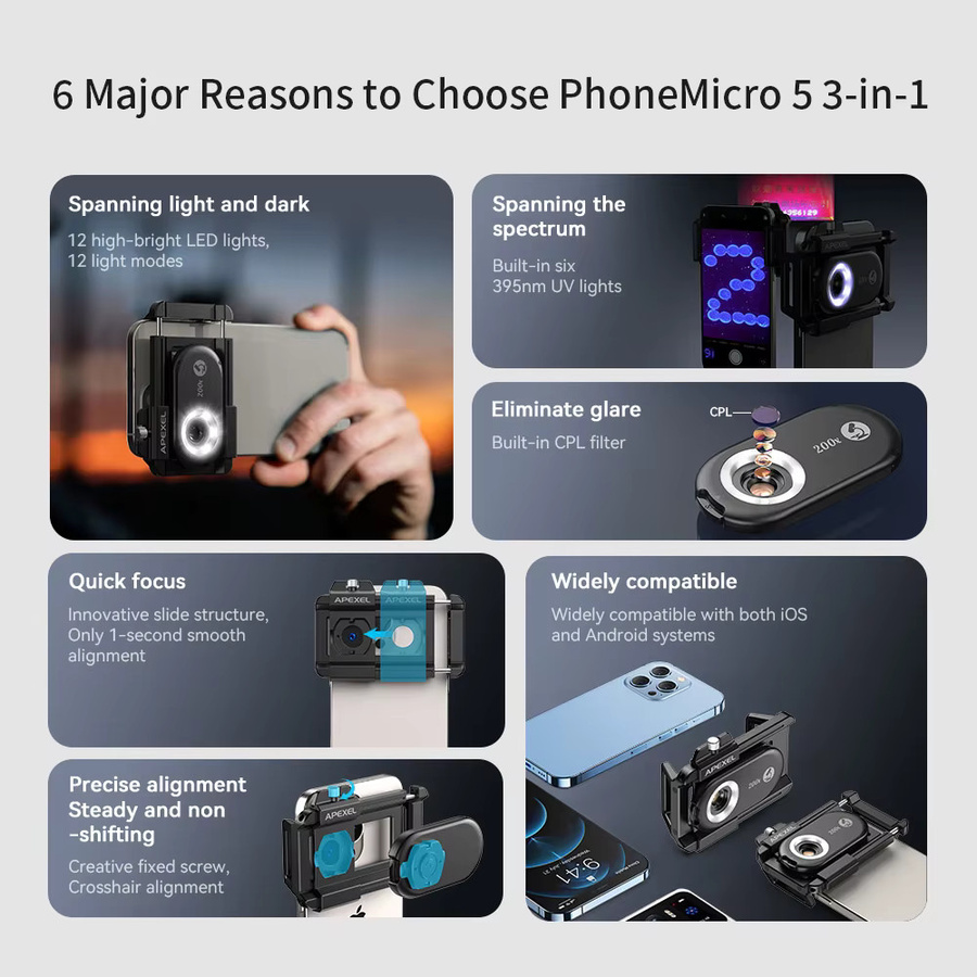 APEXEL Makro-Objektiv-Set für Smartphone mit LED-Licht, Mikroskop-Schmuckobjektiv für iPhone und Android, Schwarz - Bild 4