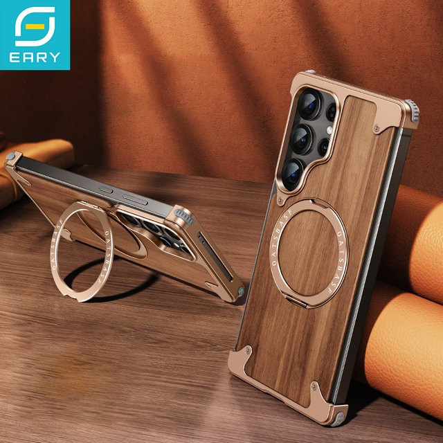 Eary Holzhülle für Samsung Galaxy S25 Ultra und S26 Ultra mit 360 Grad drehbarem Magnetständer und MagSafe-Kompatibilität in Braun - Bild 1