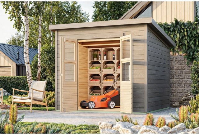 Karibu Holz-Gartenhaus mit Pultdach in Braun, Grundiert, B: 242 cm, T: 244 cm, H: 219 cm - Bild 1