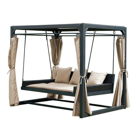 Home Deluxe Pavillon Provence in Anthrazit und Schwarz mit Gartenliege, Kissen und Seitenwänden aus Polyrattan und Stahl, B/T/H: 236 x 180 x 210 cm