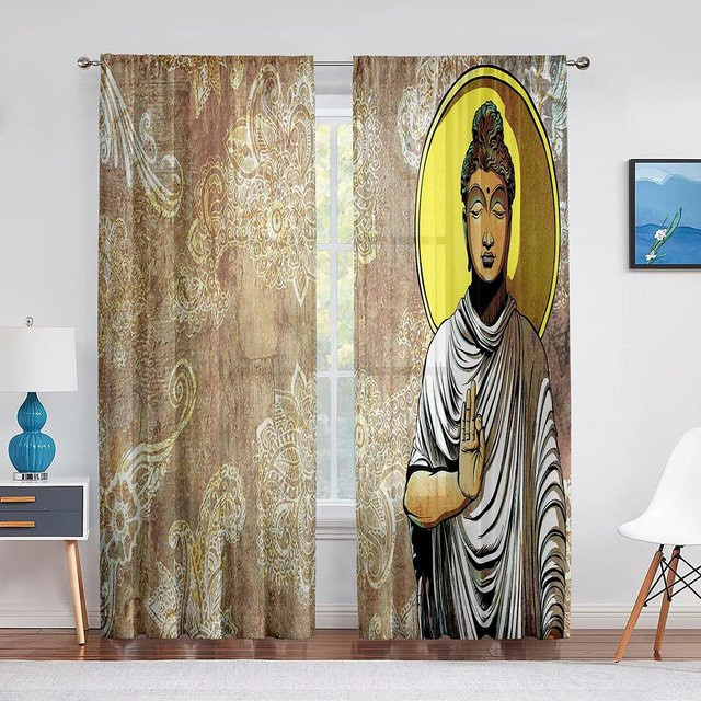 Yiran Furniture Transparenter Tüll-Vorhang mit Buddha-Motiv in Gold und Multicolour, B: 50 cm, H: 130 cm, 2 Stück inklusive Haken - Bild 1