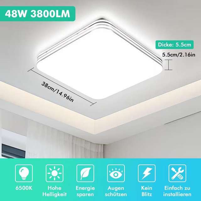 Moderne quadratische LED-Deckenleuchte in Weiß für Badezimmer, Küche, Schlafzimmer und Wohnzimmer, ultradünne Halbeinbau-Installation, flimmerfrei und blendfrei - Bild 1